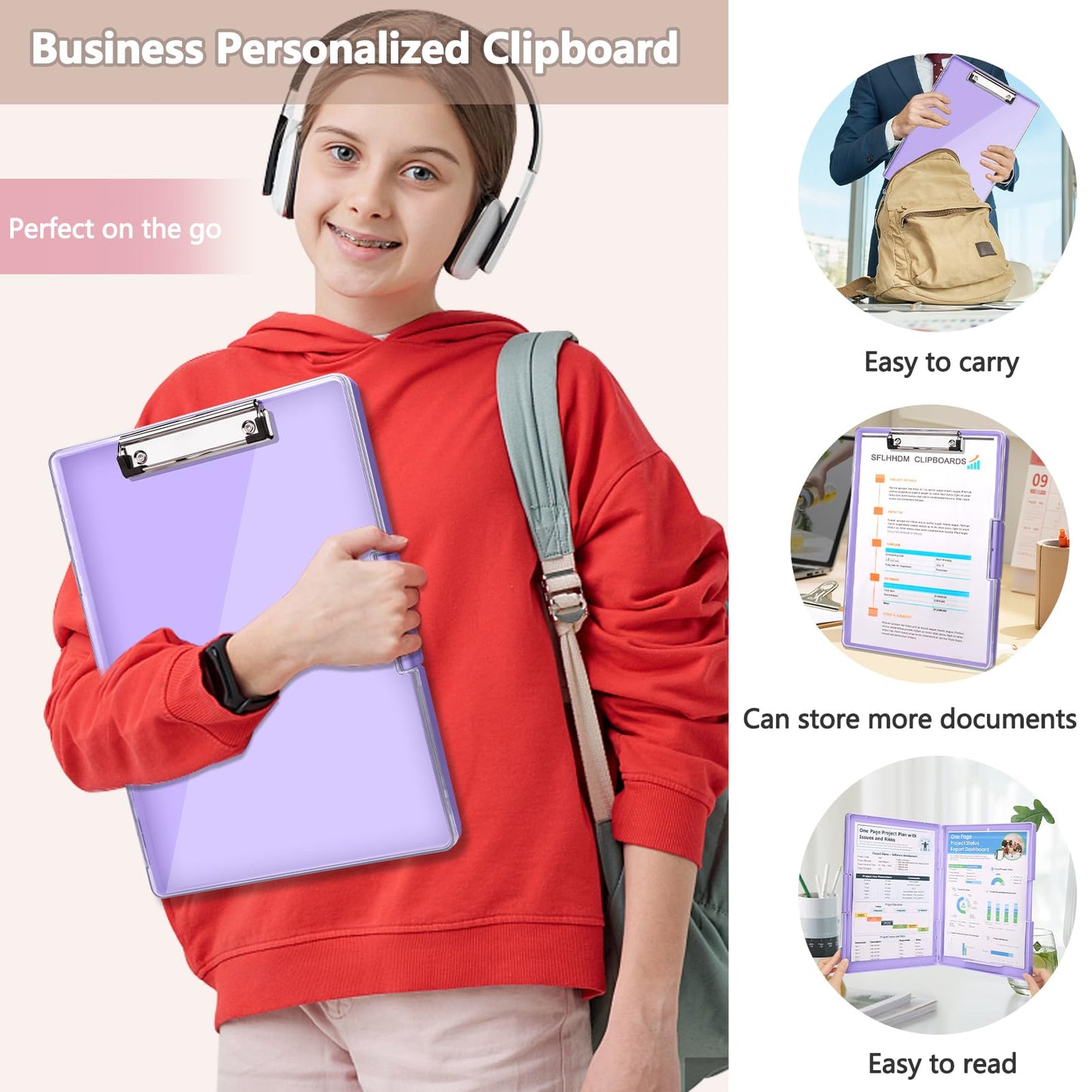 SFLHHDM Clipboard with Storage,Heavy Duty Clip Boards 8.5x11 with 2 Storage Case,Clear Visible Panel Storage Clipboards,Side Opening Nursing Clipboard Folder for Office Supplies-Light Purple
