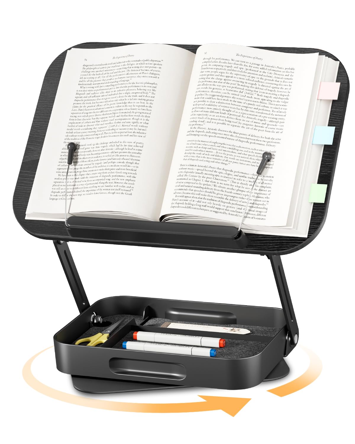 Adjustable Book Stand with Storage Drawer, 360° Rotating Book Holder, Height & Angle Adjustable, Extra-Wide Page Clips for Thick Books, Wood & Aluminum Book Stand for Desk, Study, Kitchen