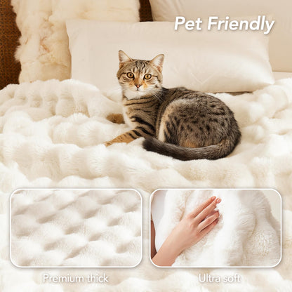 L'AGRATY Faux Fur Throw Blanket: 50" x 60" Luxury Soft Fluffy Thick Rabbit Fur Blankets for Couch Bed Sofa - Cozy Plush Bubble Blankets for Winter: Warm Flannel Fleece Decorative Blanket(Cream White)