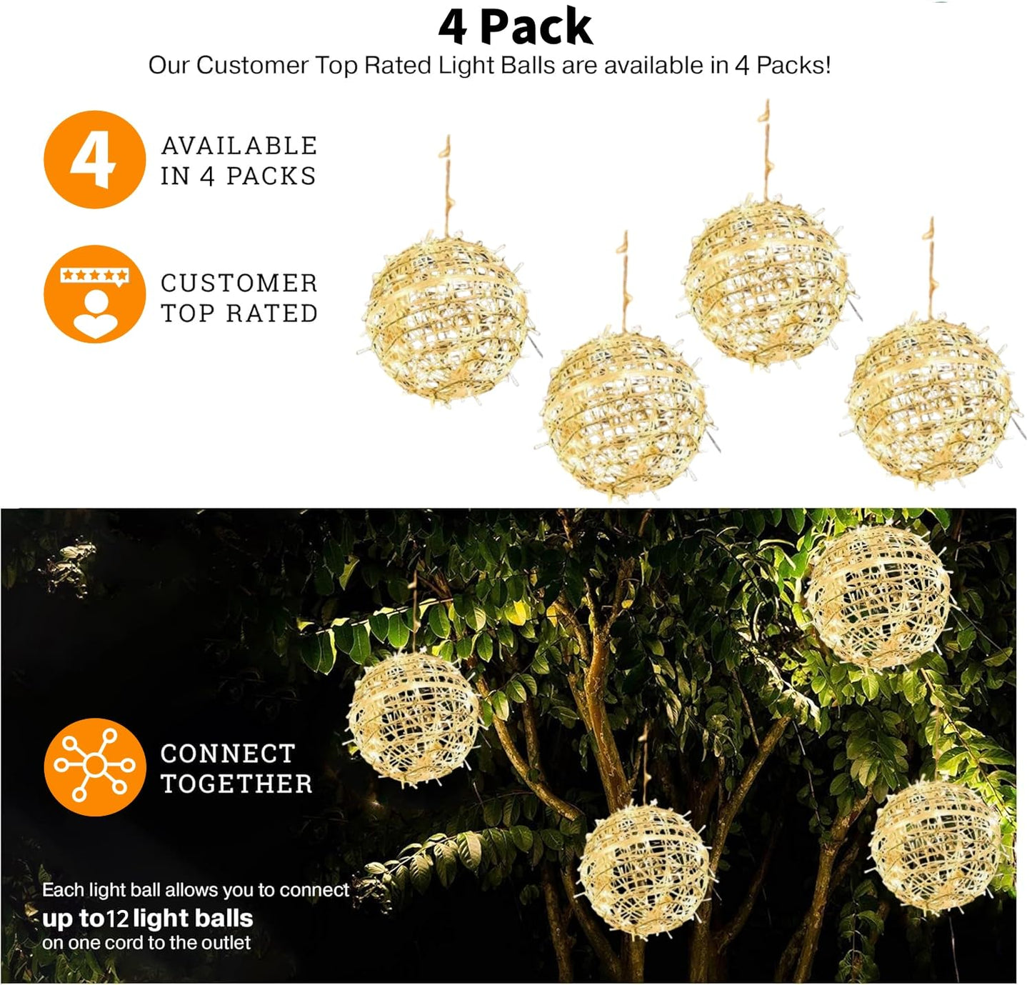 Outdoor Christmas Balls Lights 4 Pack Hanging 7.1" LED Garden Sphere Tree Lights 8 Modes Waterproof Glow Globe Lights with Memory Timer Plug for Party Yard Porch Eave Patio Xmas Decorations-Warm White