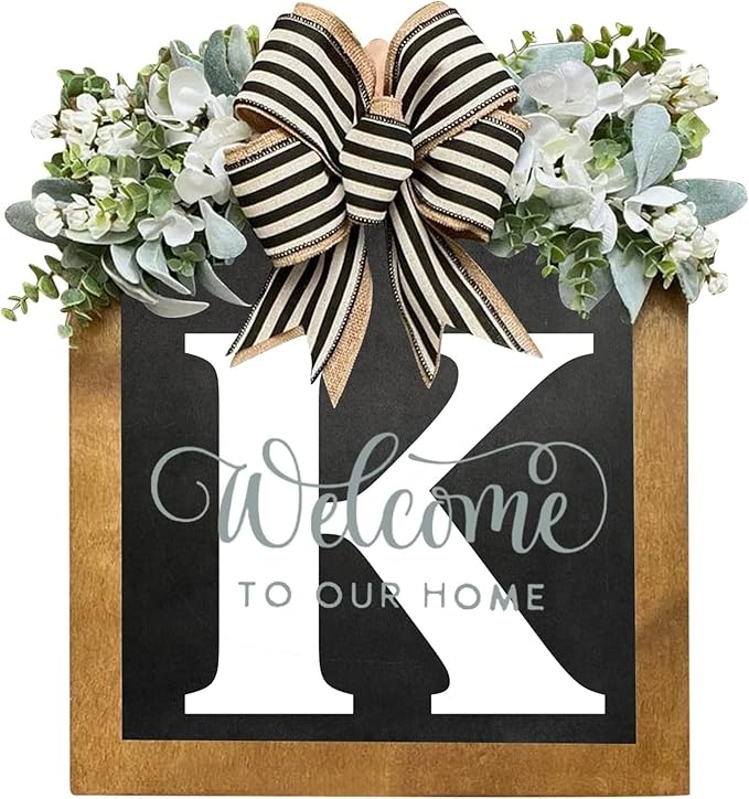 16'' Personalized Last Name Welcome Sign, Door Wreaths for Front Door Outside, Spring Wreath for Front Door Decor, Farmhouse New Home Gifts for Home (K)