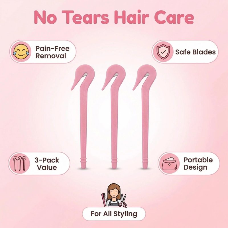 3pc Hair Tie Cutter Set - Pain Free Rubber Band Remover for Toddler Girls & Kids - Professional Elastic Hair Tie Cutter Tool for No-Damage Styling - Pink