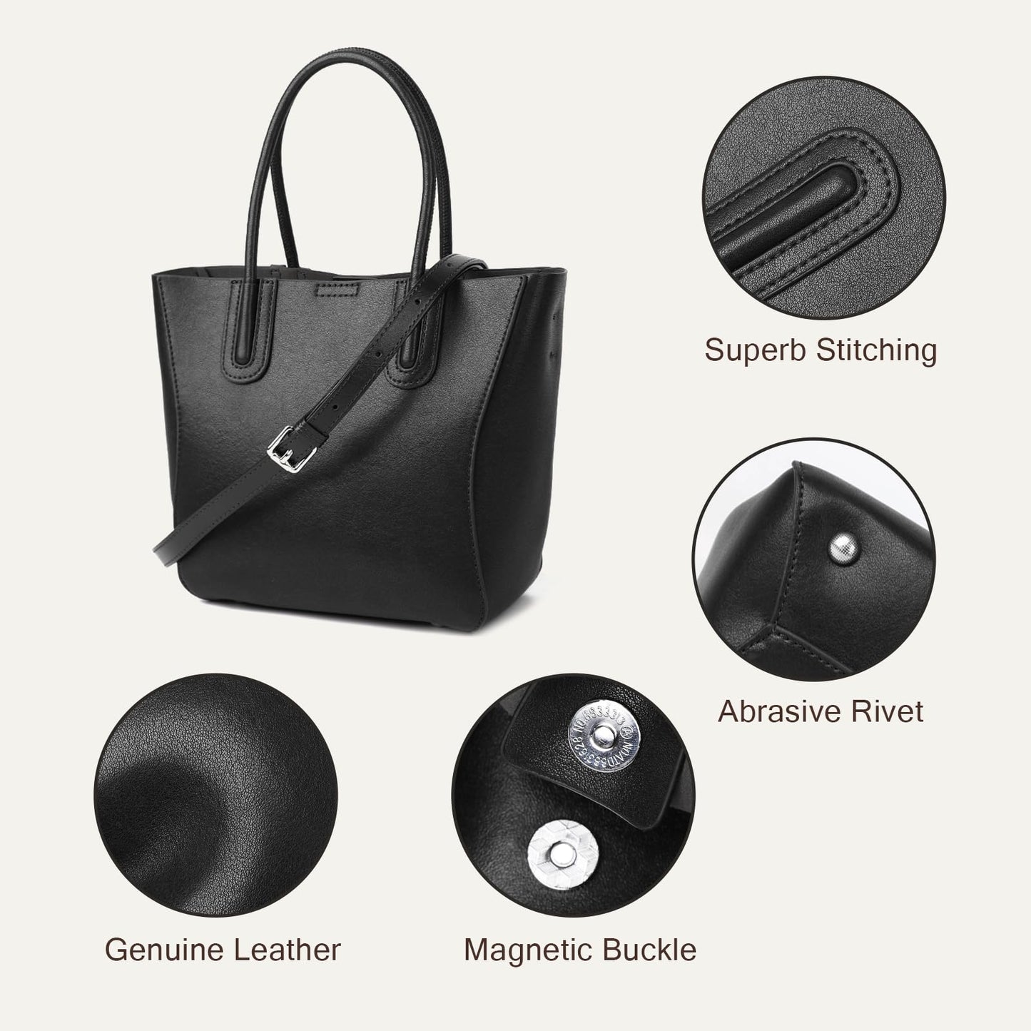 MFFOR Tote Bag for Women, Genuine Leather Crossbody Handbags, Top Handle Bags, Shoulder Purse with Detachable Strap (Black)