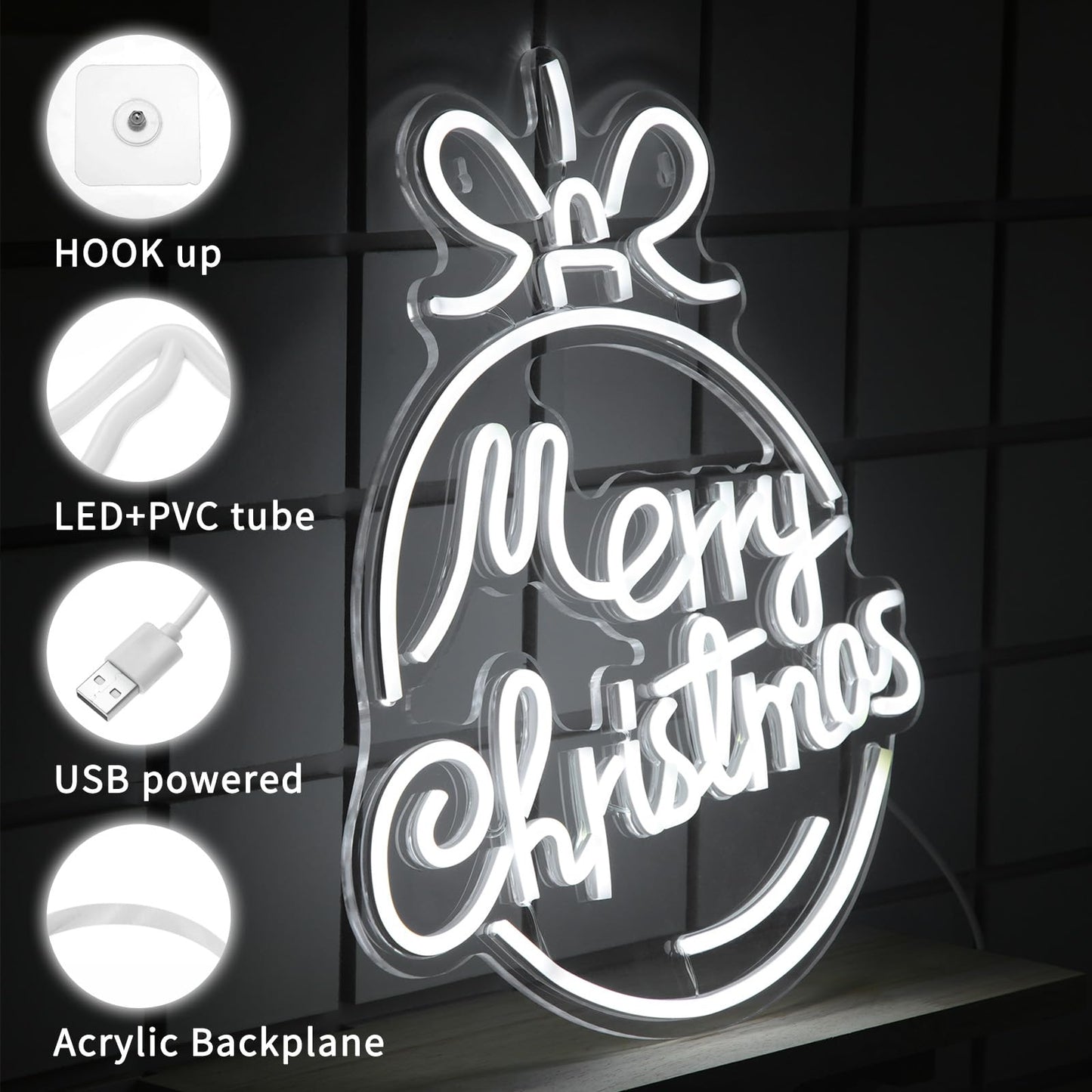 Xuhal Merry Christmas Neon Signs Acrylic Neon Light White Merry Christmas LED Light USB Powered Led Sign for Wall Decor Party Room New Year Wedding