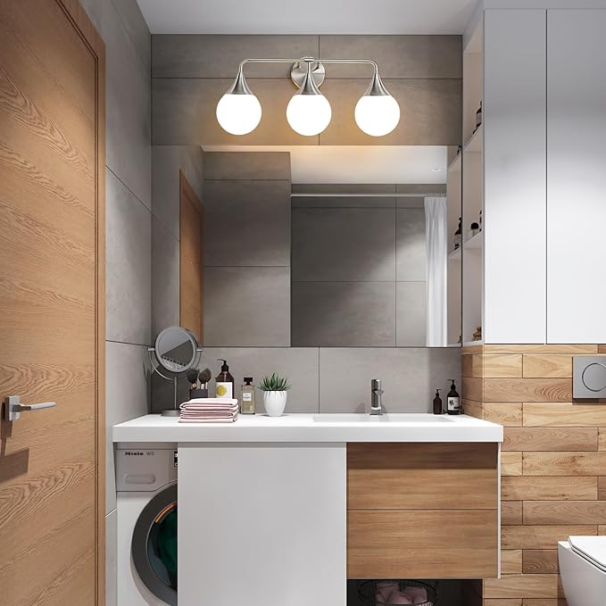 Bathroom Vanity Light Fixtures: Brushed Nickel 3-Light Mid Century Modern Bathroom Lighting Fixtures Over Mirror - Wall Sconce with Milky White Globe Glass for Bath Living Room