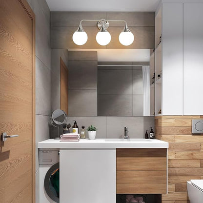 Bathroom Vanity Light Fixtures: Brushed Nickel 3-Light Mid Century Modern Bathroom Lighting Fixtures Over Mirror - Wall Sconce with Milky White Globe Glass for Bath Living Room
