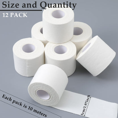 Hoolerry 12 Rolls 130 Yard 2 Inch Athletic Sports Tape White Pre Wrap Very Strong Easy Tear No Sticky Residue Tape for Fingers Ankles Wrist Injury Wrap, Bat Climbing Football Baseball Hockey Soccer