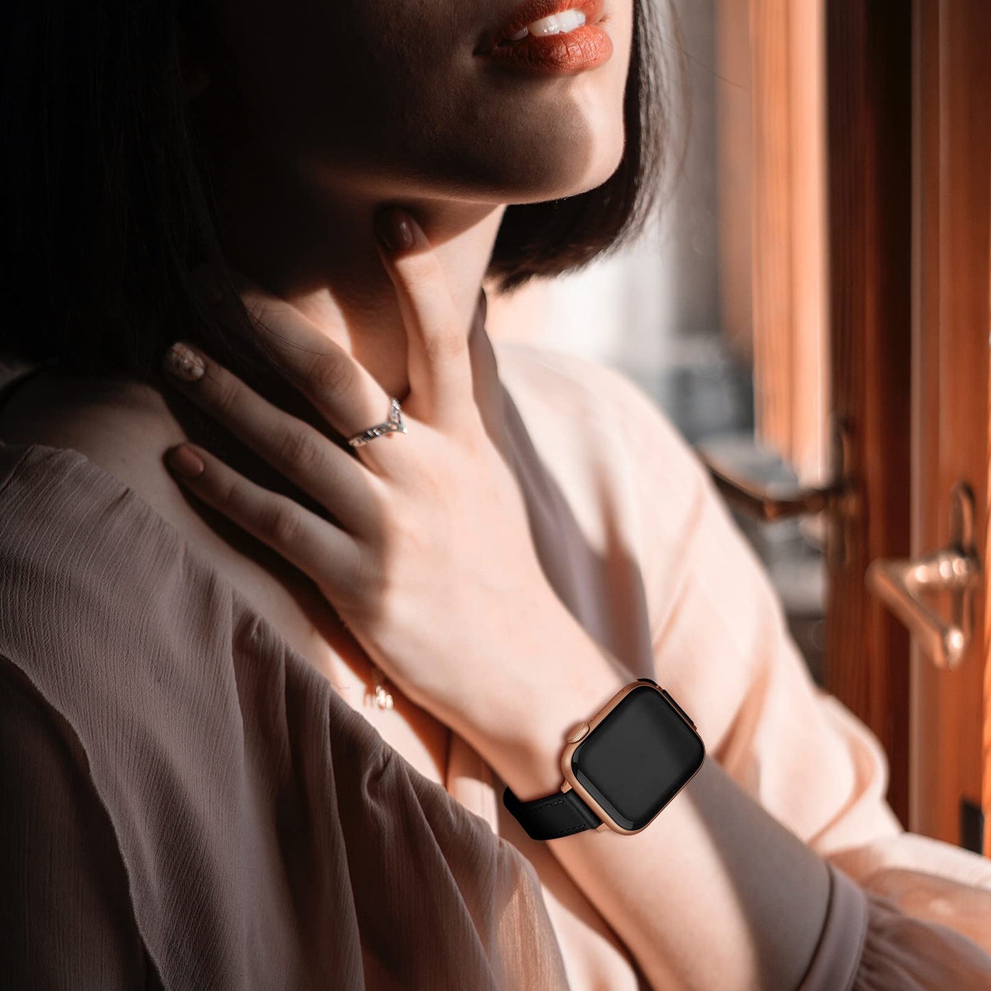OUHENG Slim Bands Compatible with Apple Watch Band 42mm 41mm 40mm 38mm, Women Genuine Leather Replacement Thin Strap for iWatch SE 3/2/1 Series 11 10 9 8 7 6 5 4 3 2 1 (Black/Rose Gold)