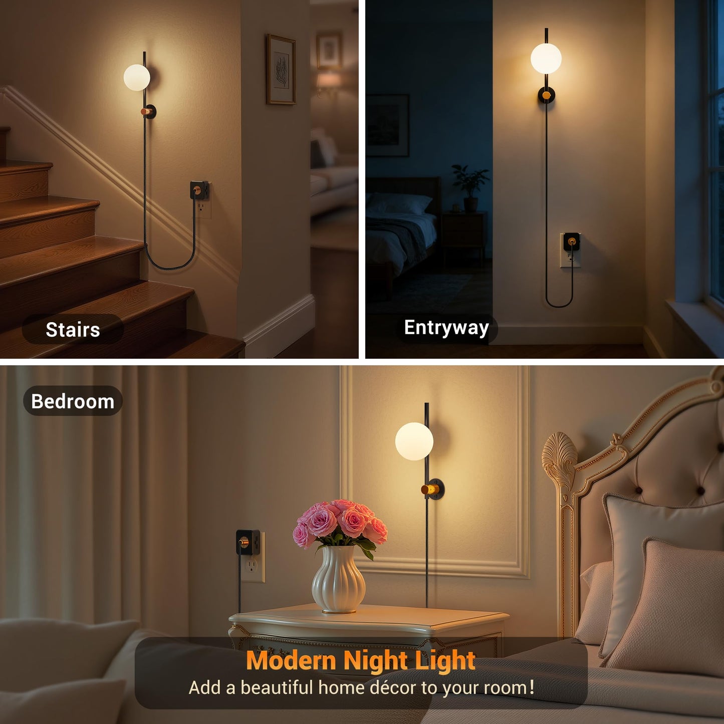 JandCase Night Lights Plug into Wall, 2 Pack 3000K Round Milky Night Light with 1.5M Braided Cord, 0-100 LM Adjustable Plug in Nightlight, Auto Light Sensor,Flexible Placement for Bedroom, Bathroom