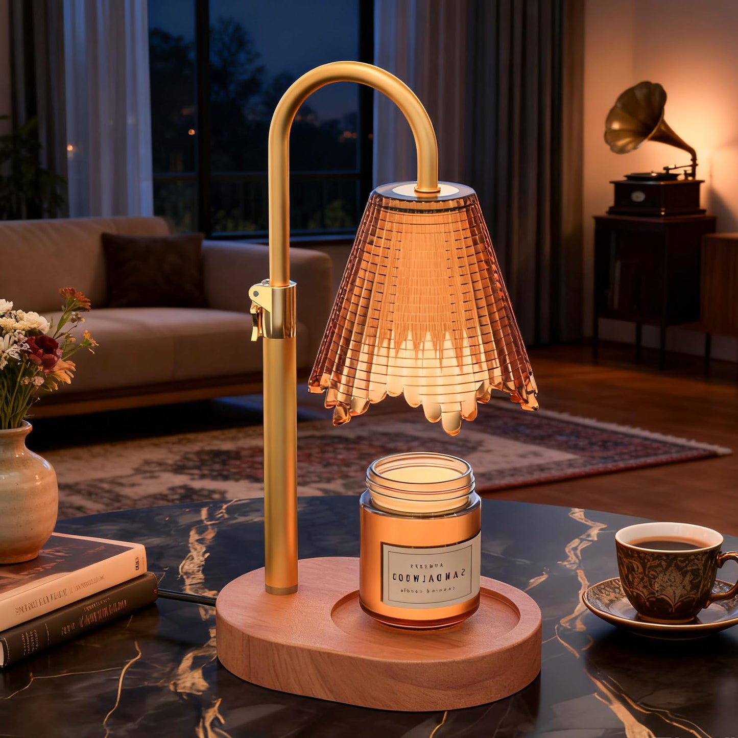 WYghyronic Candle Warmer Lamp with Adjustable Height - Flameless 4-Level Dimmable Wax Warmer with Colorful Glass Shade & Wooden Base, Timer Function & Stylish Design in Multiple Colors (Brown2)