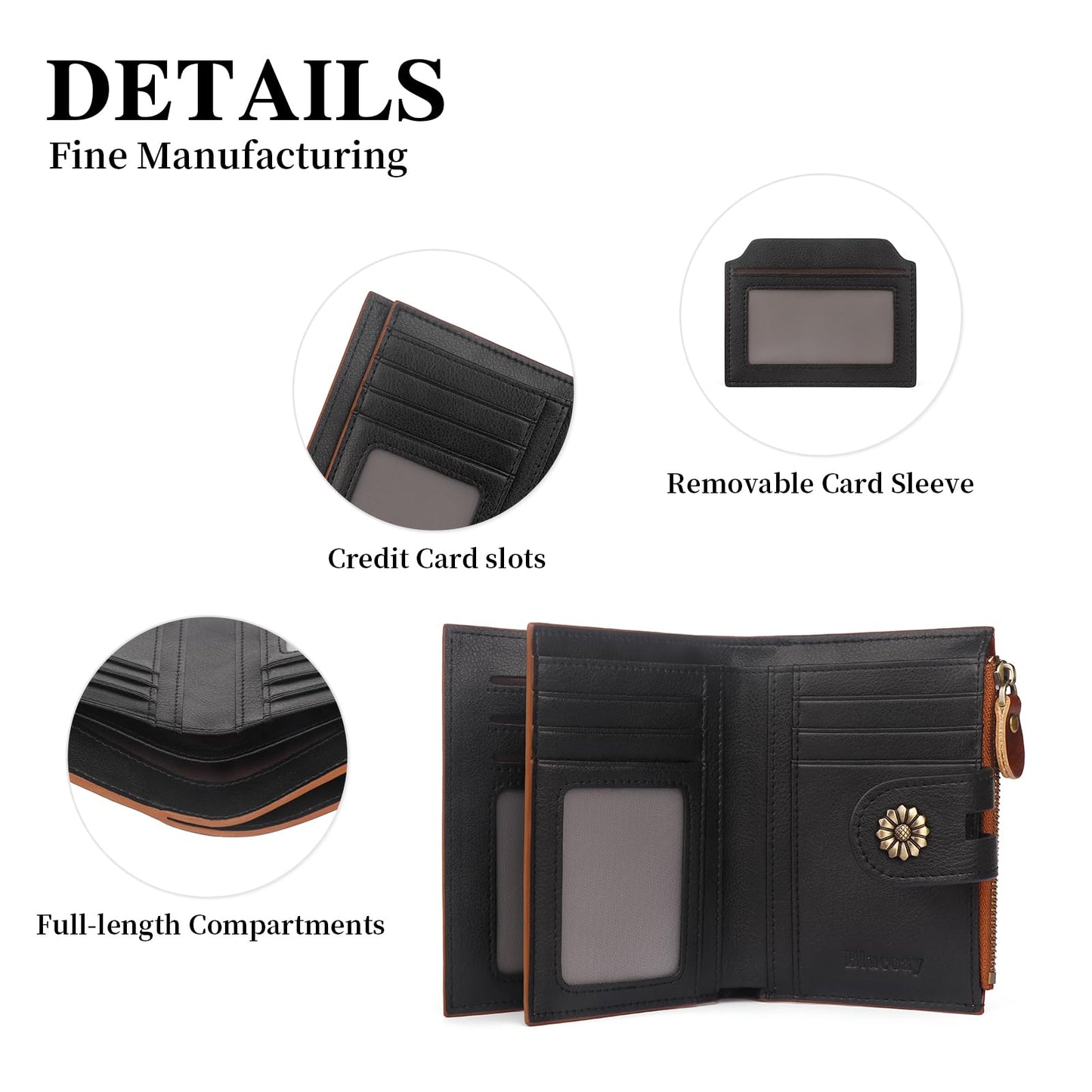 Blucoay Leather Wallet Women,RFID Blocking Womens Wallet Bifold Compact Small Wallet for Women Card Holder with Zip Coin Pocket Brownblack