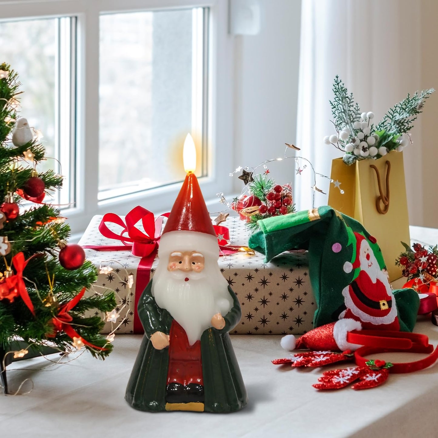 DRomance Santa Flameless Flickering Candle Battery Operated with 6 Hour Timer Real Wax Hand-Painted LED Pillar Candle 3D Wick Indoor Christmas Holiday Decor(Green, 3.1" D x 6.8" H)