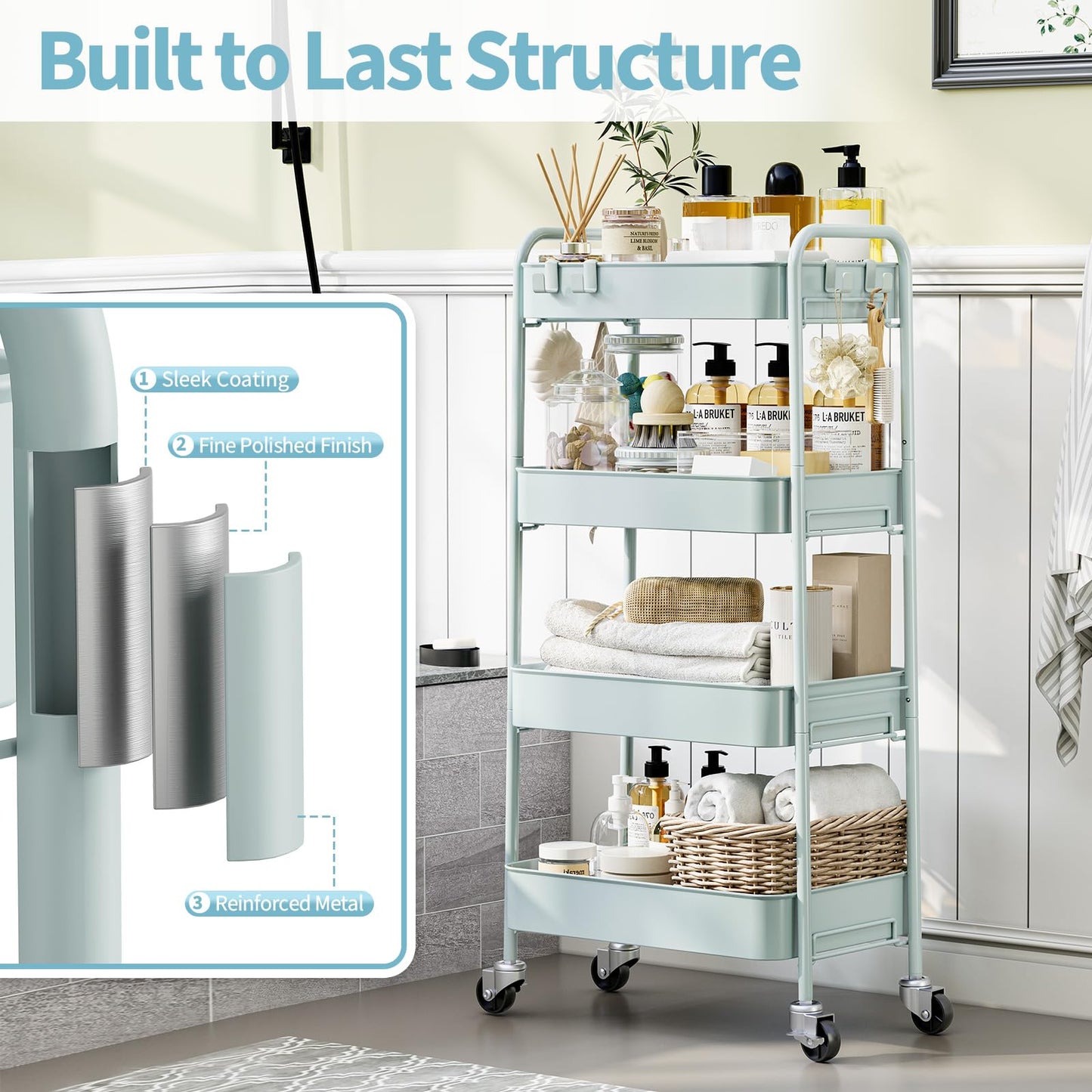 TOOLF 4-Tier Rolling Cart - Metal Storage Organizer with Lockable Wheels, 44 lbs Per Shelf Capacity, Tool-Free Assembly, for Kitchen Bathroom Office Laundry Room Nursery, Green