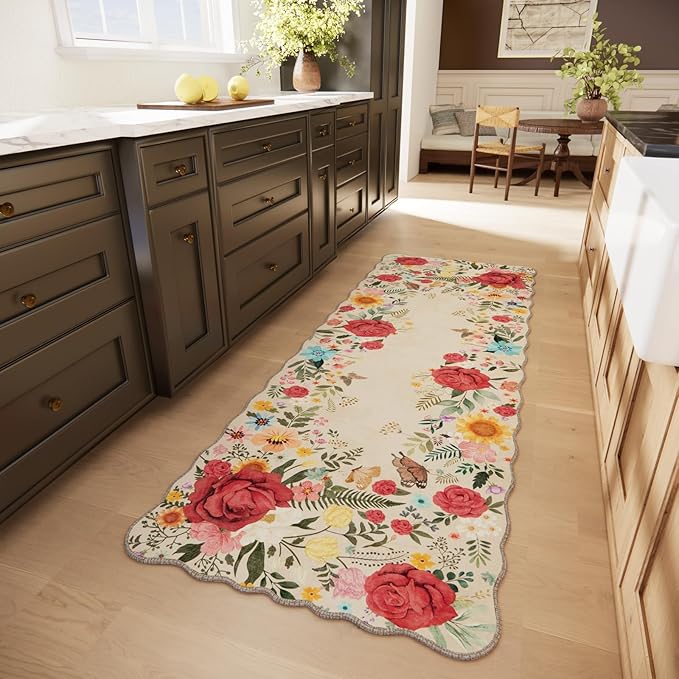 Kitchen Rug Runners for Hallways: 2'6''x8' Washable Runner Rugs for Kitchen Ultra Thin Stain Resistant Non Slip Low Pile Lightweight Vintage Floral Carpet for Laundry Room Decor (Beige)