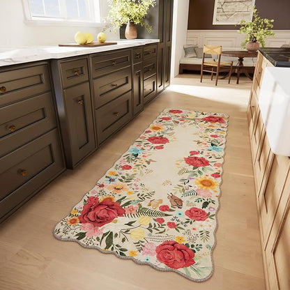 Kitchen Rug Runners for Hallways: 2'6''x8' Washable Runner Rugs for Kitchen Ultra Thin Stain Resistant Non Slip Low Pile Lightweight Vintage Floral Carpet for Laundry Room Decor (Beige)