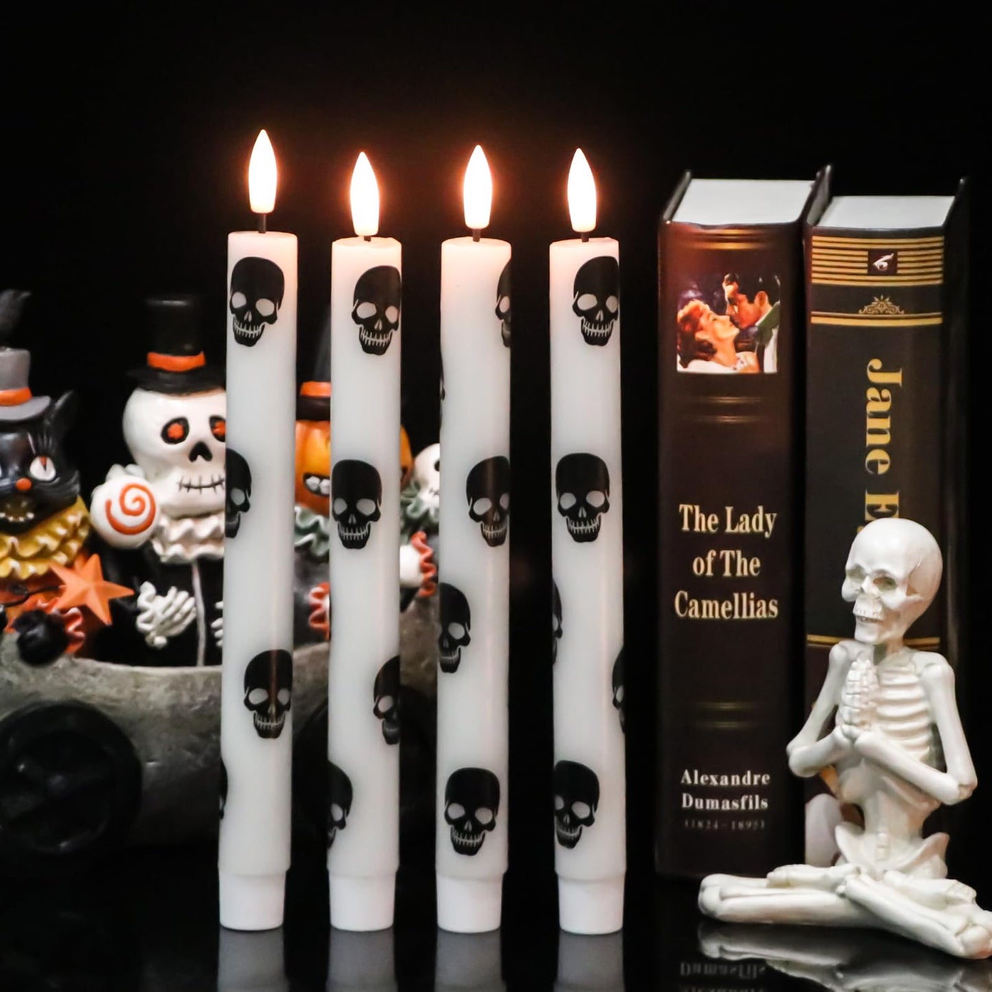 GenSwin Halloween Flameless Taper Candles Remote Timer, 4 Pack Real Wax LED Taper Candles Battery Operated Flickering with Skull Prints, Flameless Candlesticks for Halloween Decor(0.75”x 9.65”)