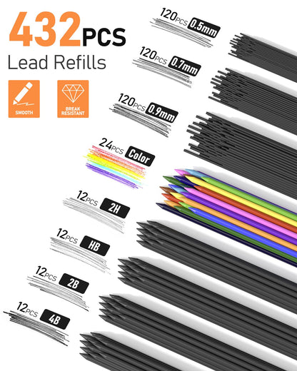 Four Candies 25PCS Mechanical Pencil Set with Case, Art Supplies with Metal Pencil 0.5, 0.7, 0.9 mm & 3PCS 2mm (HB 2H 2B 4B Color) & 432 Graphite Lead Refills, Technical Drawing Kit for Teen & Adults