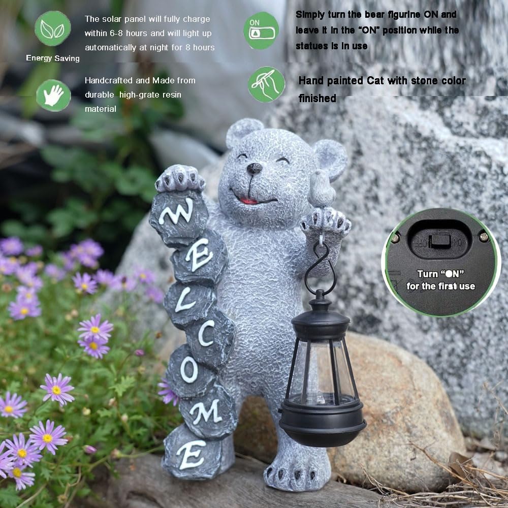 Youfui Bear Figurine Light Solar Powered Led Light- Welcome Lawn Decor Bear Garden Statues for Patio, Balcony, Yard Ornament, Outdoor Figurine Light House Housewarming Gifts, 7.8x4.13inch