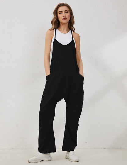 Lentta Women's Causal Jumpsuits V Neck Sleeveless Harem Overalls Stretchy Adjustable Strap Romper with Pockets(Black-L)