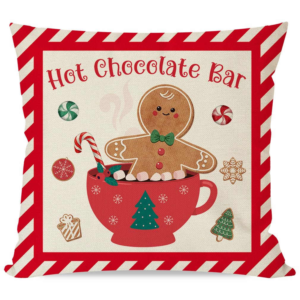 PANDICORN Christmas Pillow Covers 16x16 Set of 4 Gingerbread Man House Candy Cane Christmas Decorations Hot Cocoa Red Green Winter Holiday Decorative Throw Pillow Case for Home Couch Bedroom Decor