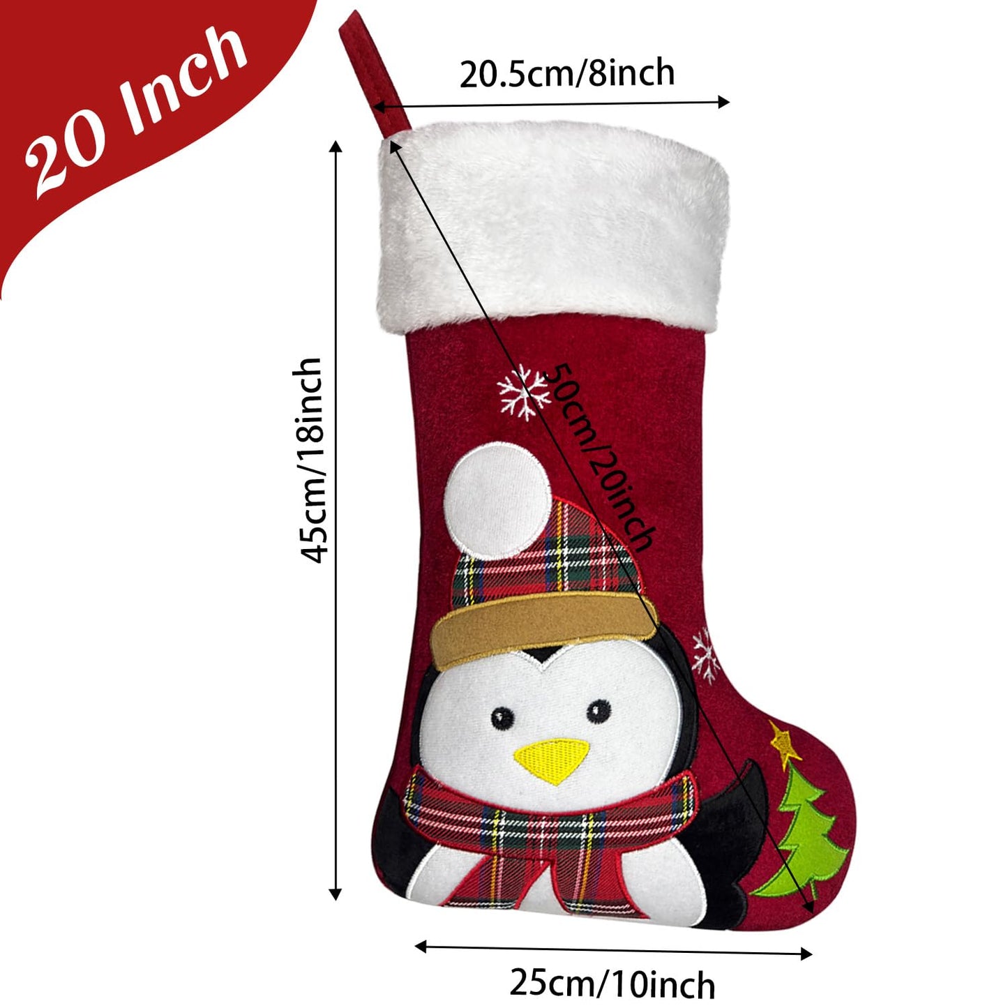 Animal Christmas Stockings with Lined, 20 inch Velvet 3D Deer, Penguin, Reindeer, Bear Snowman Xmas Stockings for Kids Girls Boys Christmas Decorations (Red Penguin)