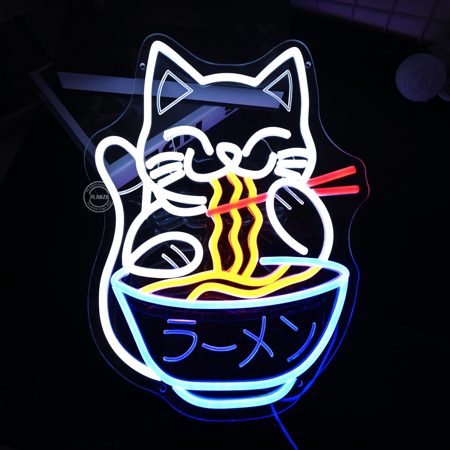Planzo Cat Ramen Neon Sign Light Japanese Noodle Resturant Home Bar Pub Kitchen Dinning Room Cafe Shop Cut Cat USB Warm White 15.75"X11.8"