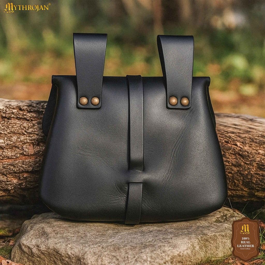 "Medieval Leather Belt Pouch Vintage Waist Bag for LARP, Renaissance Fairs, Costumes, Cellphone Holder, Travel Wallet, Fanny Pack, Holster Purse Durable & Stylish Pouch - Black, 6.2" x 7"