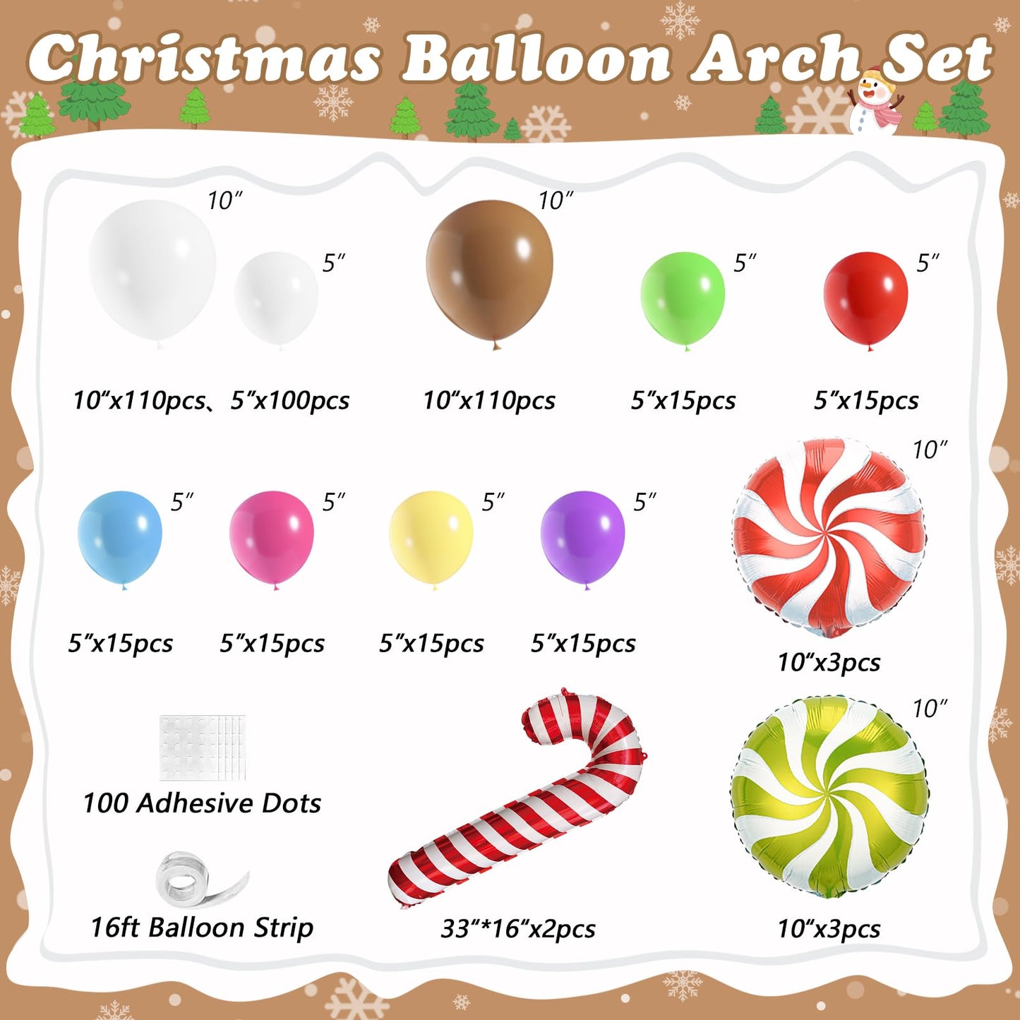 420Pcs Christmas Gingerbread House Balloon Arch Garland Kit, Brown White Balloon with Candy Canes Lollipops for Merry XMAS New Year Winter Party Decorations