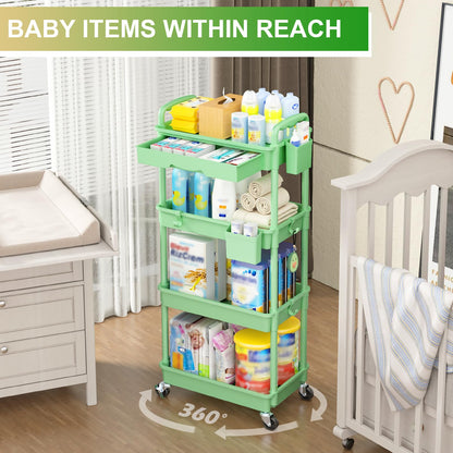 Goovilla 3 Tier Rolling Utility Cart Organizer with Removable Drawer, Stable and Sturdy Black Rolling Storage Carts with 2 Lockable Wheels for Bathroom, Kitchen, Snack, Craft, Makeup, Baby Essentials