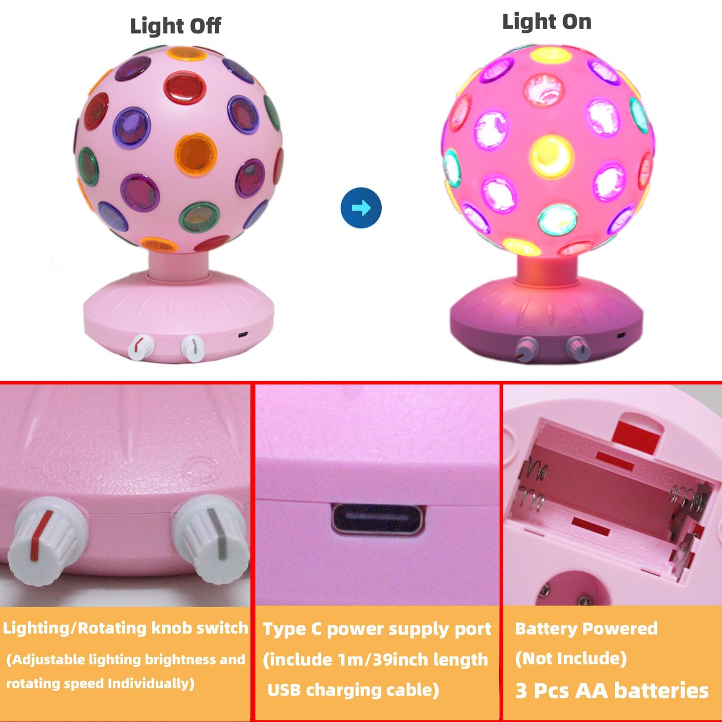 Spinning Disco Ball LED Night Light Projector 360° Rotary Speed/Brightness Adjustable Lamp for Parties, Lighting, Halloween, Christmas, Birthday, Holiday, Club, Bar (USB/Battery Operation) (Pink)