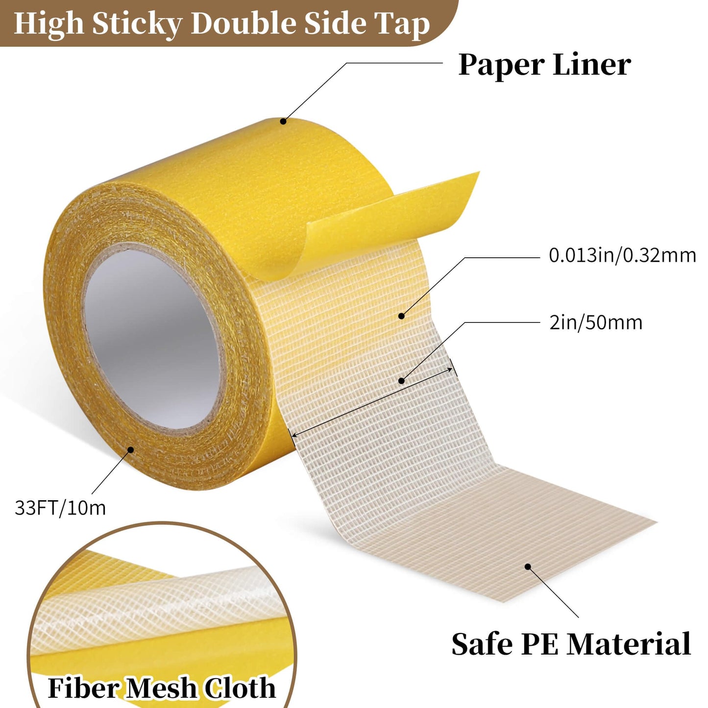 3 Rolls Tearable Double Sided Tape - 2”x 33 Ft Per Roll Heavy-Duty Removable Adhesive No-Scissors Hand-Tear Design Strong Hold No Residue Waterproof Multipurpose Mounting Tape for Carpets Photo Walls