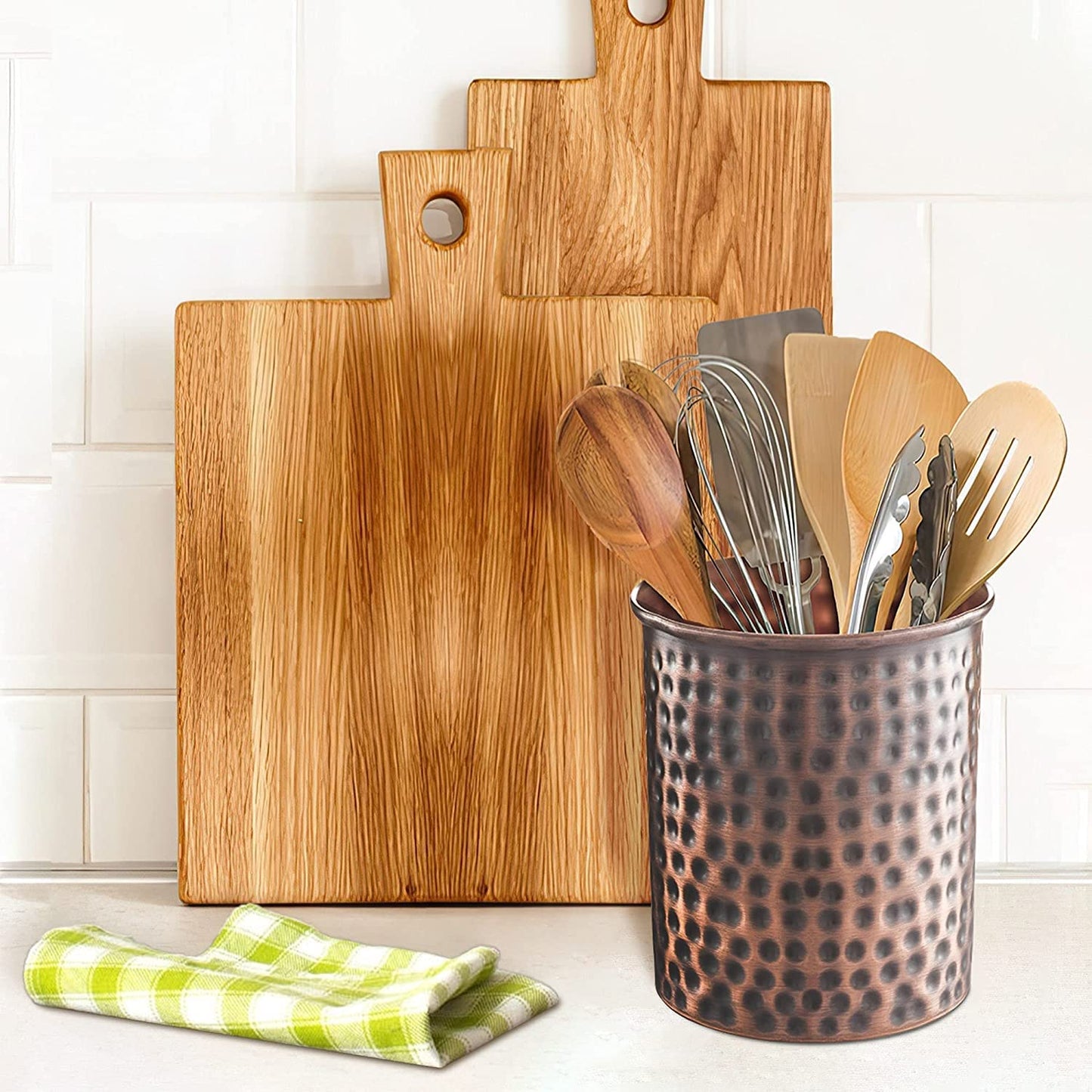 Monarch Abode Kitchen Utensil Holder – Hand Hammered Metal Antique Copper Utensil Holder, Decorative Utensil Crock for Kitchen Counter, Cooking Tool and Spatula Holder for Countertop, Caddy Organizer