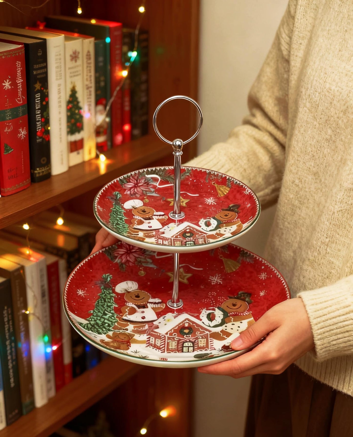 2-Tier Red Round Porcelain XMAS Cake Fruit Stand Plate with Gift Box, Cupcake Serving Display Ceramic Pastry Tray Towers Platter Set for Dessert Appetizer Candy Buffet for Home Party - Gingerbread Man
