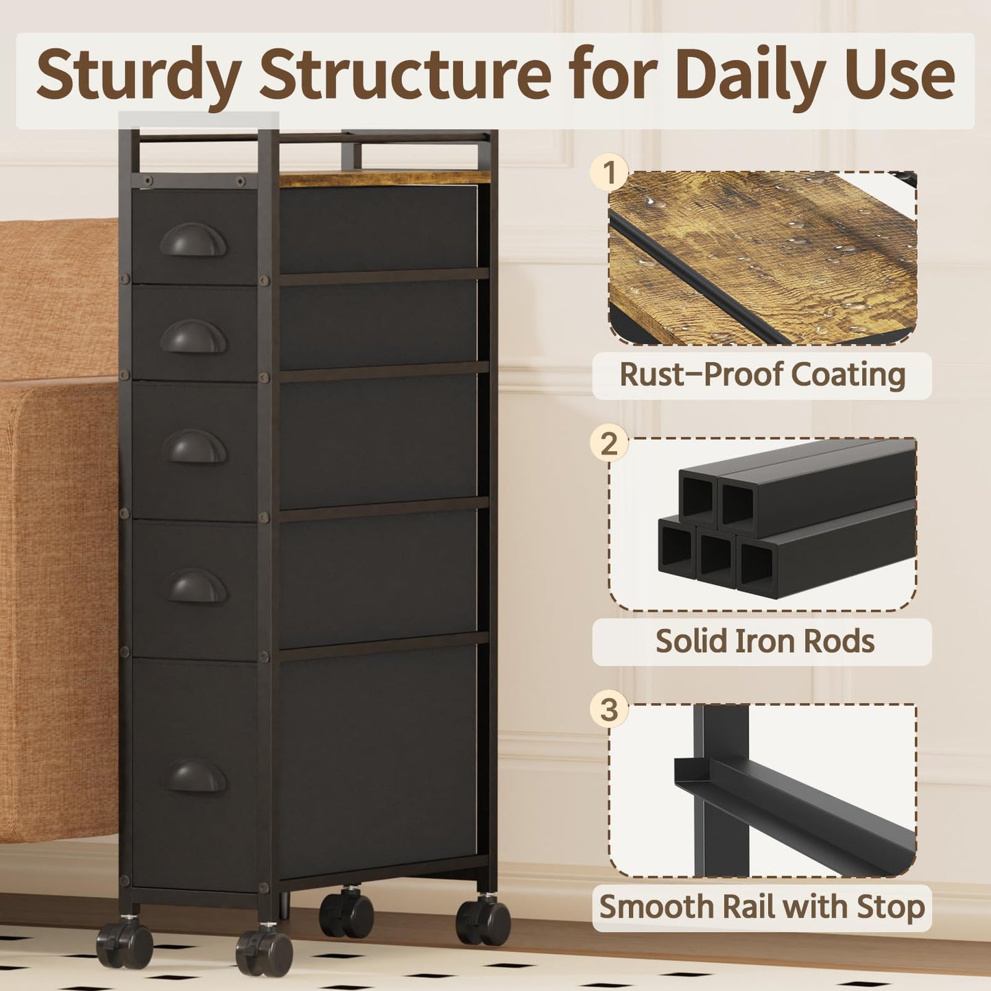 LASZOLA 5 Drawer Narrow Dresser Slim Cabinet Skinny Storage Tower Chest, Ideal for Small Spaces Bathroom, Between Washer and Dryer, Lightweight Mobile on Wheels, Sturdy Fabric Drawers, Black