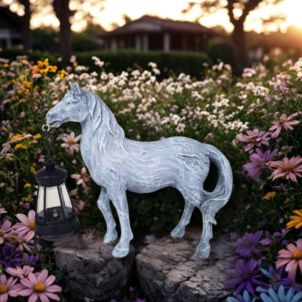 Horse Garden Statue with Solar Lantern,Garden Outdoor Horse Figurines Decor for Farmhouse Patio Yard Lawn Home Gifts for Mom Grandma Wome Housewarming Christmas Birthday