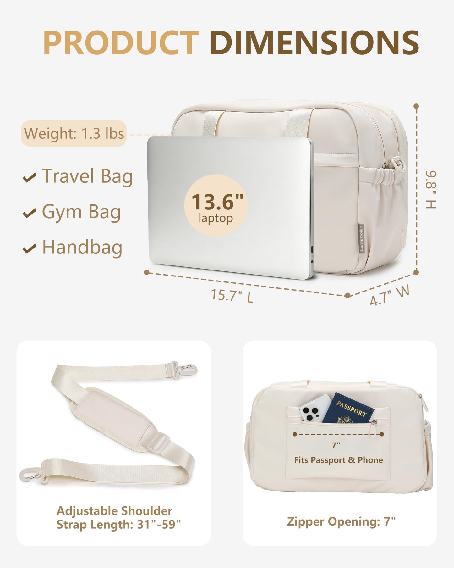 Expandable Duffle Bag for Travel, Carry On Luggage & Gym Bag for Women & Men, Small Personal Item Travel Bag, Overnight Weekender & Tote for Airplane Essentials (Beige)