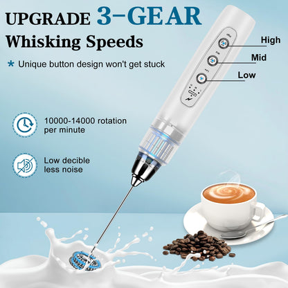 Milk Frother Handheld for Coffee, Electric Whisk 3 Speed Adjustable, Drink Mixer with Stainless 3 Whisks, Rechargeable Hand Frother Wand, Foam Maker for Latte Cappuccino Matcha Egg Silver