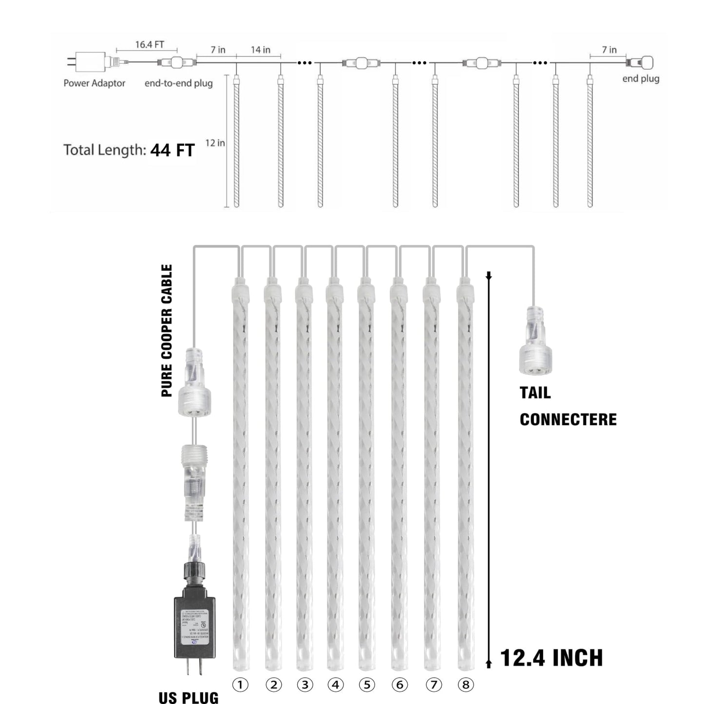 Dazzle Bright 864 LED Christmas Light, Meteor Shower Rain Lights 11.8 Inch 24 Tubes, Waterproof Plug in Falling Rain Lights Christmas Decorations for Xmas Bushes Tree Yard Party (White)