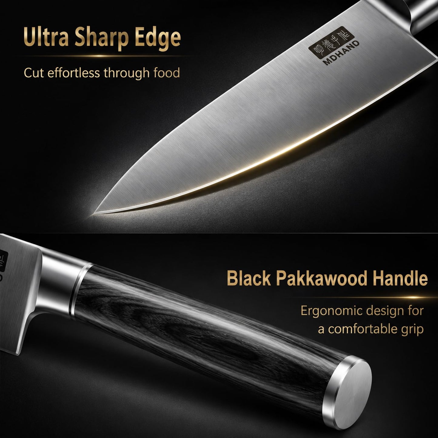 MDHAND Chef Knife Set with Roll Bag, 9PCS Professional Knife Sets with Sharpener, High Carbon Stainless Steel Japanese Kitchen Knives - Black Pakkawood Handle, Dishwasher Safe, For Cooking, Chef Gifts