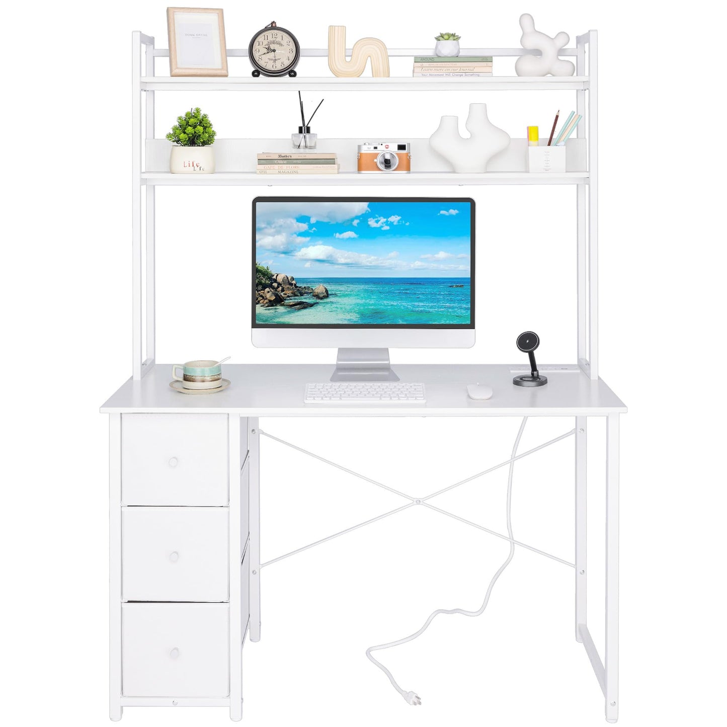 Aquzee Computer Desk with Drawers, 47 inch Desk Hutch, Gaming Desk with Storage Shelves, Power Outlets & Bookshelves, Study Writing Desks for Bedroom Living Room Home Office, White