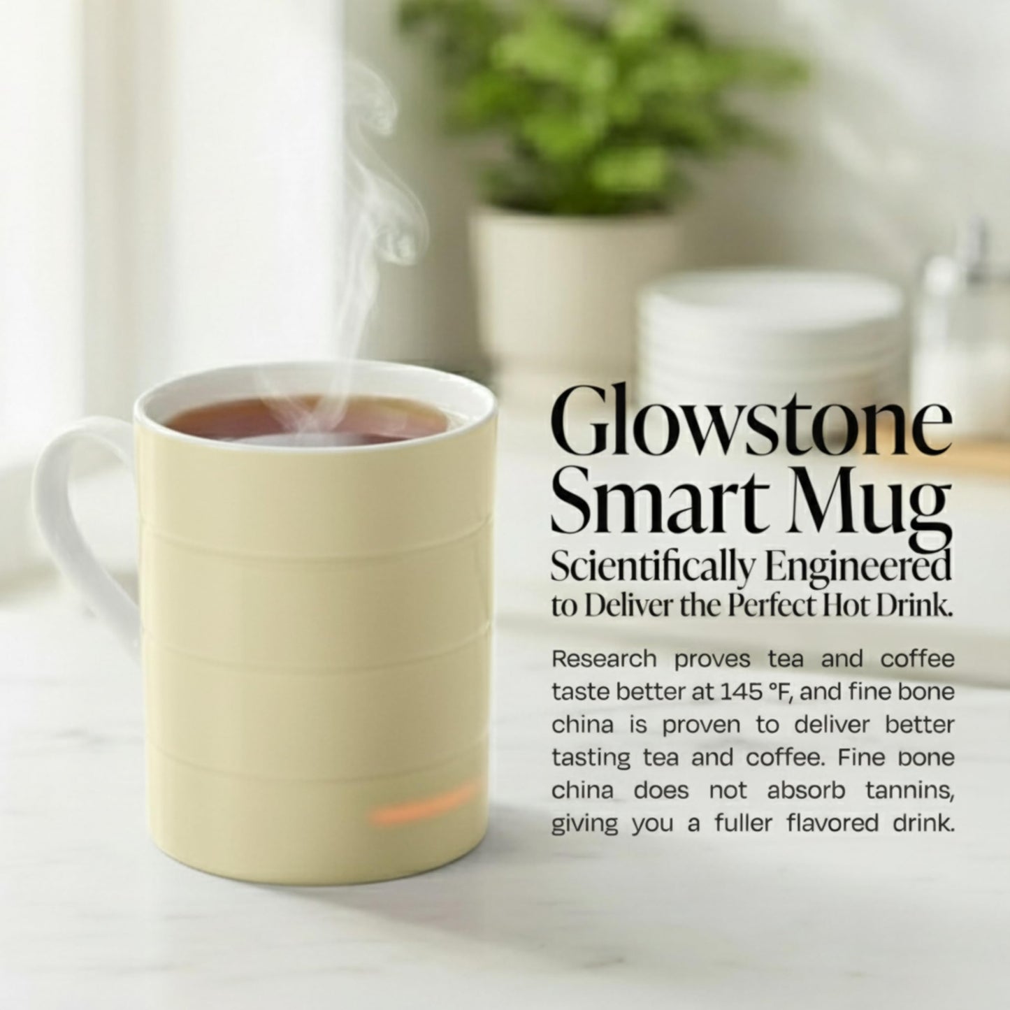 Glowstone Smart Heated Coffee Mug with Wireless Charging Base Self-Heating Made from Fine Bone China Electric Coffee Mug and Self Heating Mug Keeps Drinks Hot Stay Hot Electric Coffee Mug (Stone)