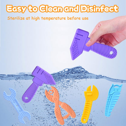 Mgtfbg Baby Teething Toys for 0-6 / 6-12 Months - Molar Teether Chew Toys Set BPA Free Silicone, Soft Textures - Hammer Wrench Scissors Shape Gift 5-Pack