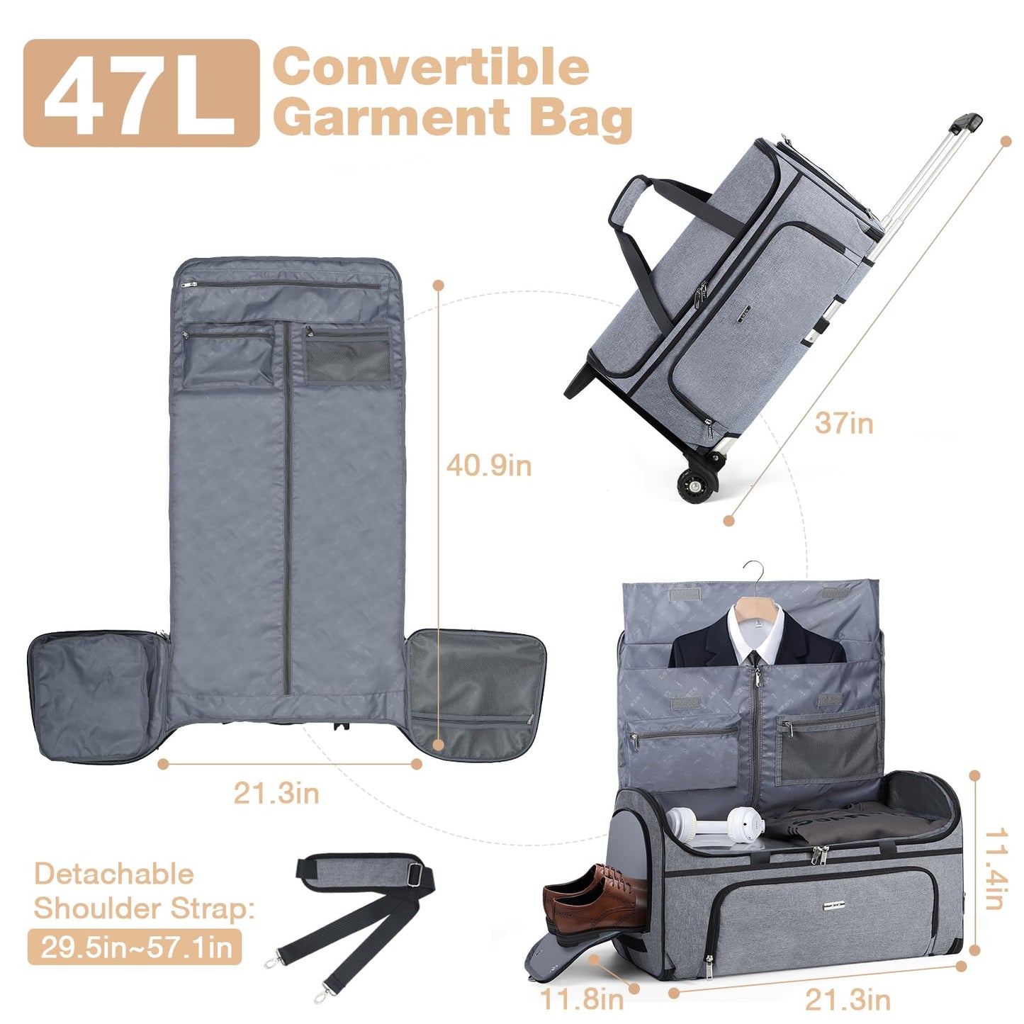 LekeSpring Garment Bags with Wheels, Garment Convertible Weekender Bags, Large Garment Bags for Travel, Duffle Luggage Bag Garment Bag (Grey, Medium)