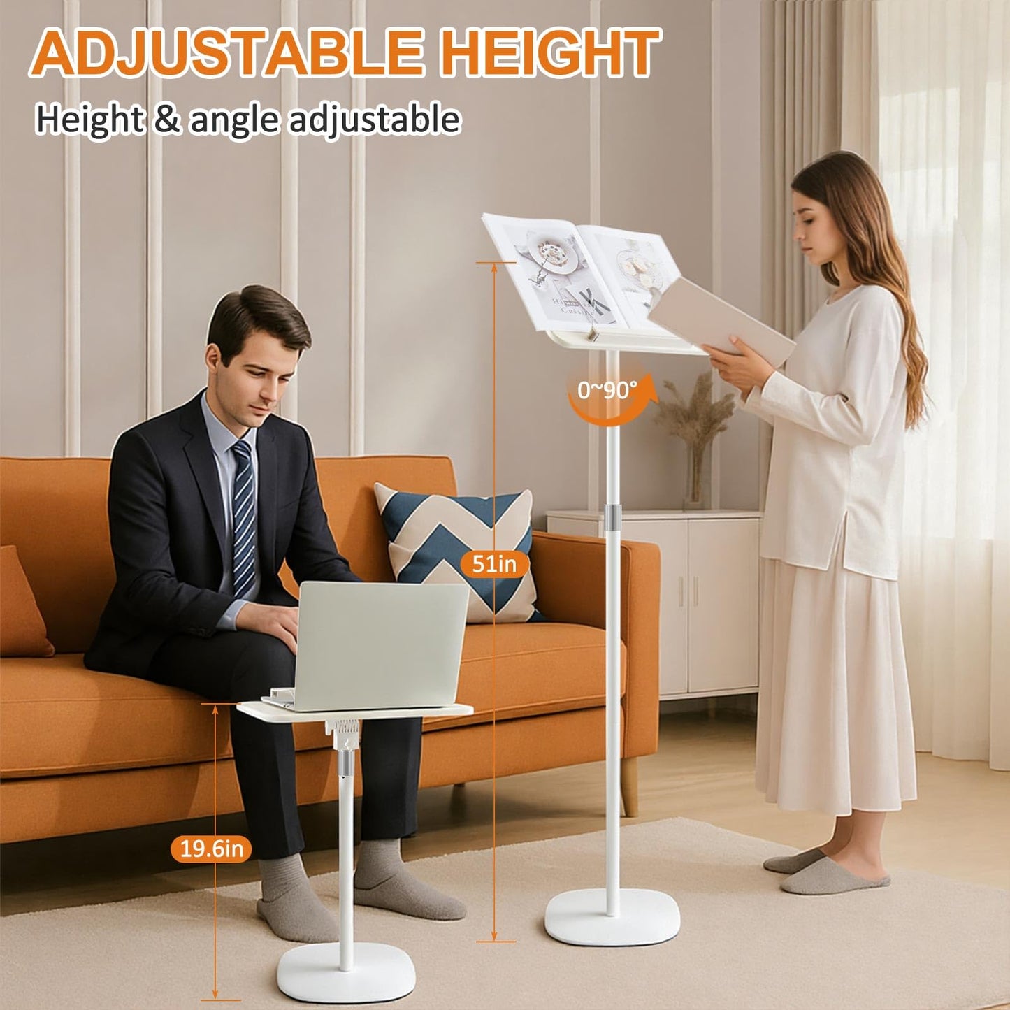 2 in 1 Dual-use Floor & Desktop Book Stand White, 19.6-54 Inch Height Adjustable, for Bible Stand Music Holder Podium Recipe Cookbook, Foldable Book Holder for Reading with Page Clips