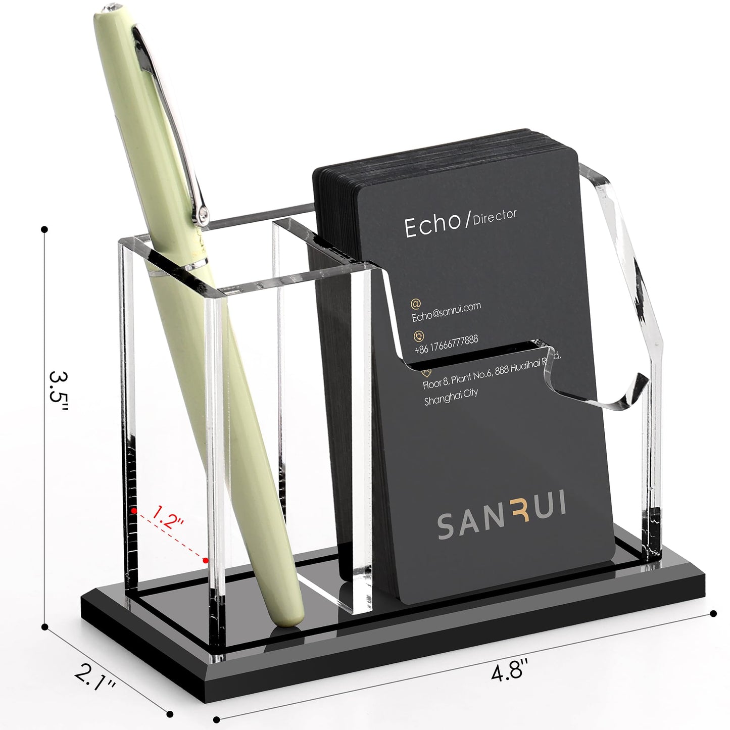 SANRUI Vertical Business Card Holder with Pen Holder for Desk, Clear Acrylic Desk Organizer and Accessories, Professional School Office Supplies Collection Caddy，Multi-function Storage Box