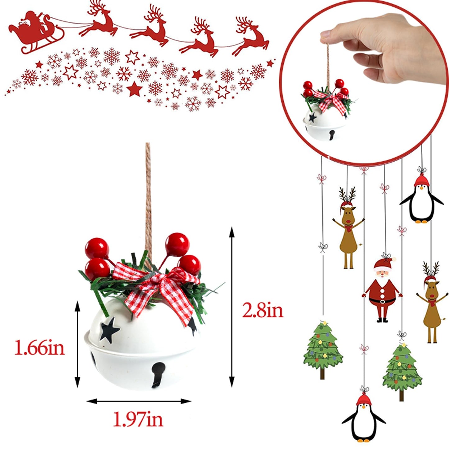 18 PCS Christmas Jingle Bells Ornaments in Red, White, Green - Christmas Tree Decor, Wreath, Memorial Ornament