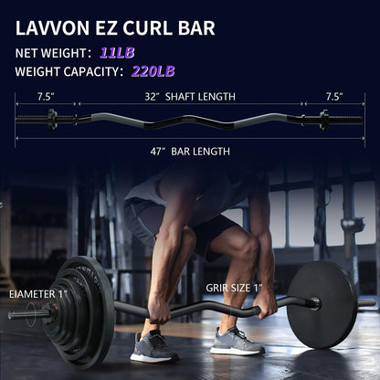 47" EZ Curl Bar Weight Lifting Bar, 1-inch Curling Bars for Weight lifting, Barbell bar for Hip Thrusts/Squats/Lunges for Gym and Home, With 2 Star Double Risk T-nuts (220lb Weight Capacity) (Black)