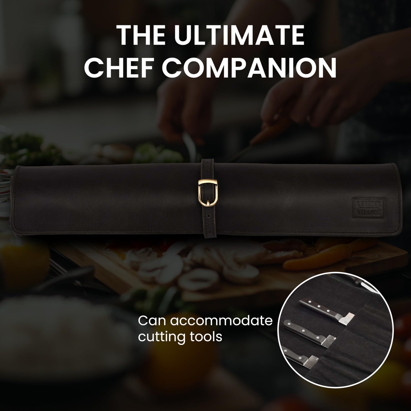 LEATHER VILLAGE Genuine Leather Knife Roll Bag – Professional Chef Carrying Case, Durable Sheath Holder, Cooks & Culinary Tools Organizer, Portable Travel Storage with 4 Slots & Zipper - Black