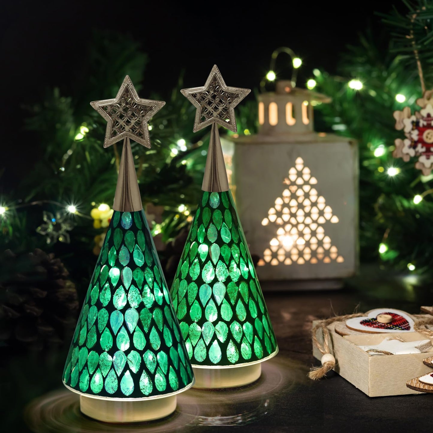 Green Glass Tabletop Christmas Trees, 3 PCS Handmade Mosaic Glass Small Christmas Trees with Light, Battery Operated Xmas Tree for Bedroom Decor 11"