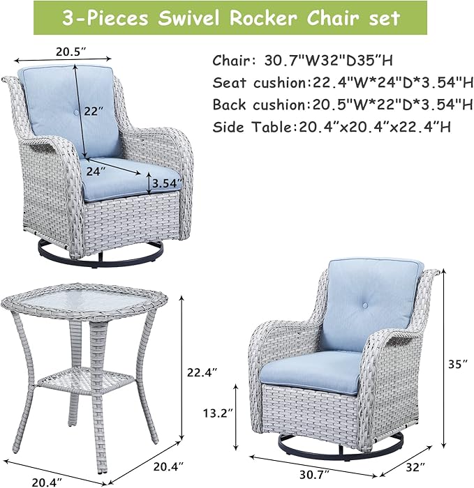 Rilyson Wicker Rocking Chair Swivel Chairs - 3 Piece Rocker Patio Furniture Set Rattan Rocking Bistro Sets with Glass Top Side Table for Outdoor Porch Deck Garden Backyard (Light Grey/Sky Blue)